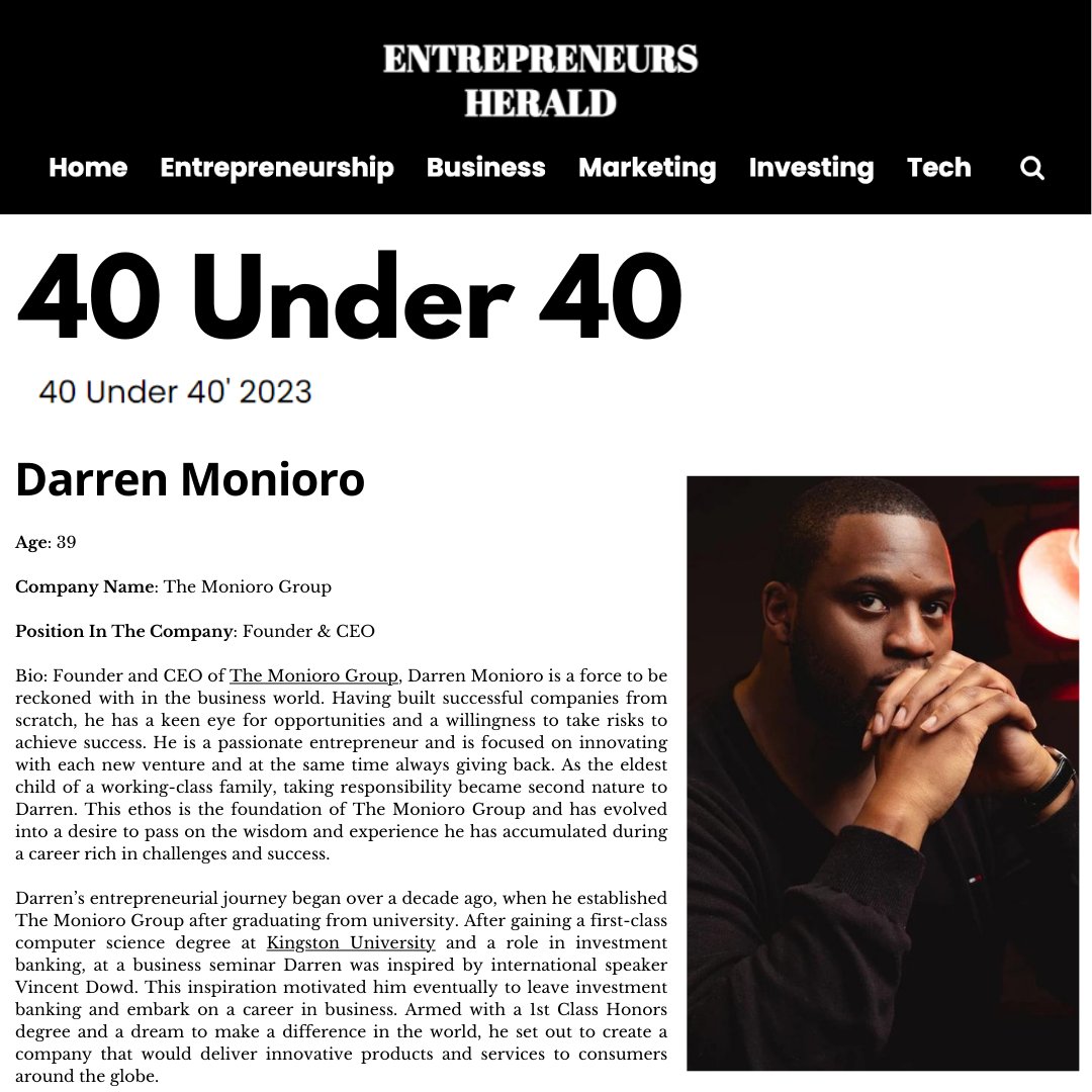 From our Founder &amp; CEO:
I am honoured by this esteemed recognition from Entrepreneurs Herald. It is humbling to be included among exceptional entrepreneurs. A testament to dedication, hard work, and the support around me.
#EntrepreneursHerald40Under40
entrepreneursherald.com/blog/darren-mo…