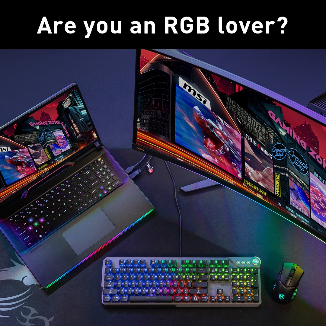msigaming's tweet photo. Calling all RGB enthusiasts! Let the colorful magic ignite your gaming passion! 🔥
#MSI #Gaming #gaminglaptop #RaiderGE #GamingMonitor #gamingmouse #GM51 #MSIKeyboard #GK71 #Mousepad #GD80 #rgb #rgblovers https://t.co/hIXZ2kuARQ