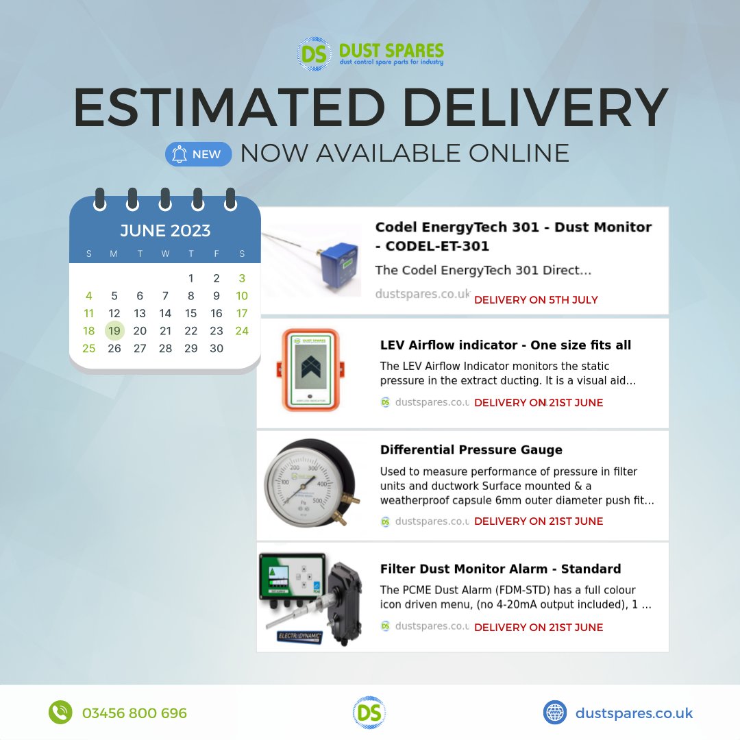 We're pleased to introduce our new online feature: Estimated Delivery 🚚📦

#dust #extraction #ductwork #dustcontrol #woodworking #metalworking #concrete #recycling
#automotive #plastics #textiles #powder #agriculture #paper #chemical #ventilation #estimateddelivery
#planahead