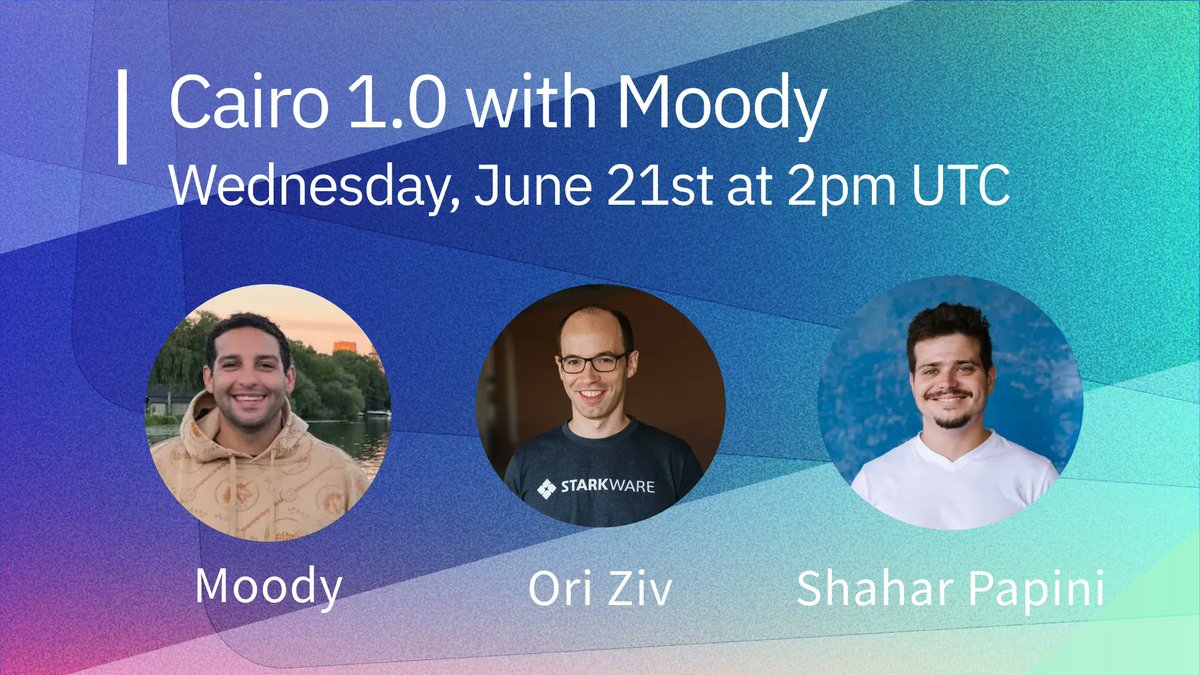 Starknet 🐺🐱 (@starknet) on Twitter photo 🕰️ Set your reminders for an epic conversation with the one and only <a href="/sendmoodz/">Moody 💭</a>!
Moody will be joined by <a href="/Starknet/">Starknet 🐺🐱</a>'s own <a href="/PapiniShahar/">Shahar Papini</a> and <a href="/OriZiv123/">Ori Ziv</a> to discuss everything Cairo 1.0 - what’s all the hype and what you can build with it. 🕰️ Set your reminders for an epic conversation with the one and only <a href="/sendmoodz/">Moody 💭</a>!
Moody will be joined by <a href="/Starknet/">Starknet 🐺🐱</a>'s own <a href="/PapiniShahar/">Shahar Papini</a> and <a href="/OriZiv123/">Ori Ziv</a> to discuss everything Cairo 1.0 - what’s all the hype and what you can build with it.