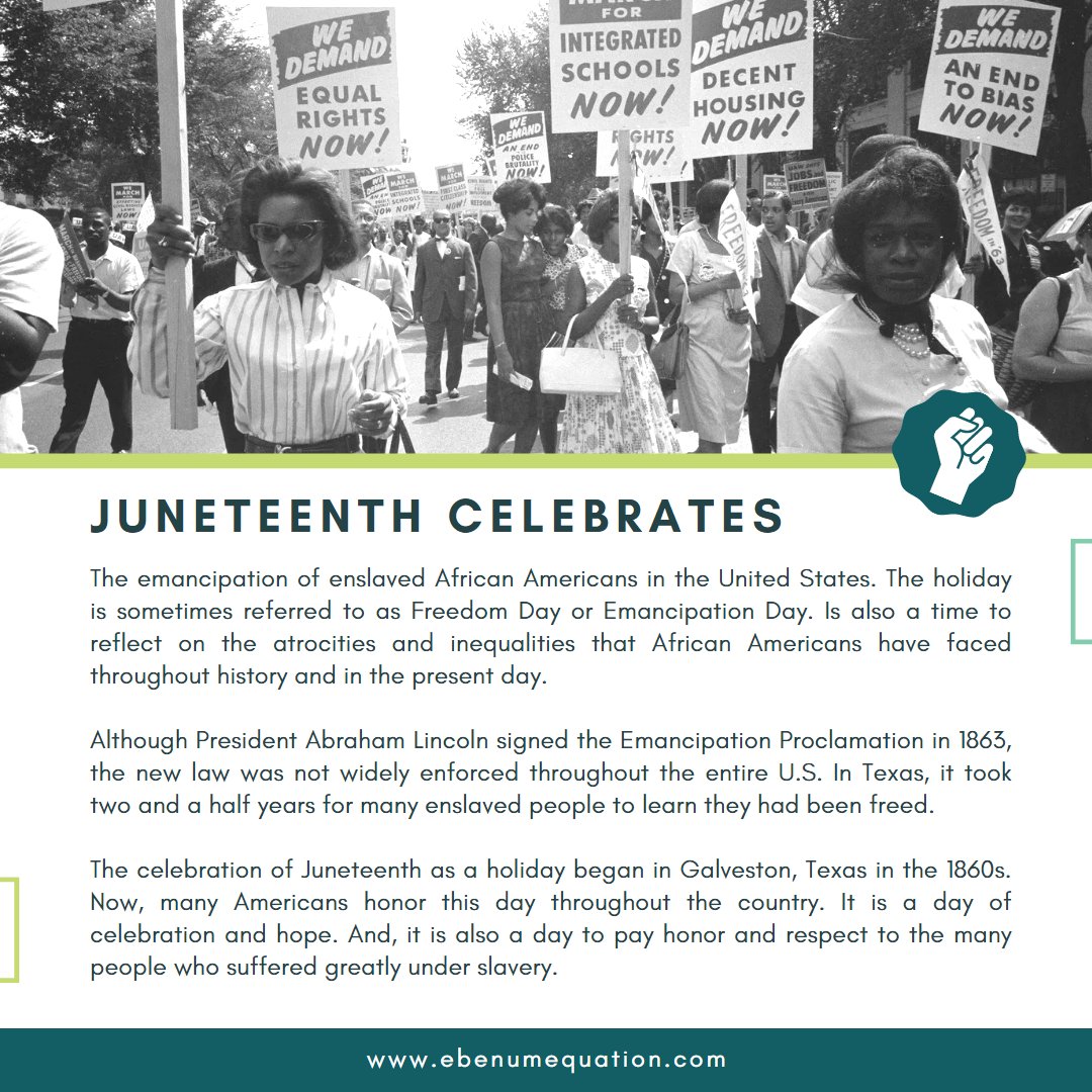 Today we commemorate Juneteenth, a day that marks the emancipation of enslaved African Americans. May this day serve as a reminder to honor and celebrate the Black community and educate ourselves about our history #Juneteenth #EbenumEquation #BYOA #5%shift #coaching #leadership