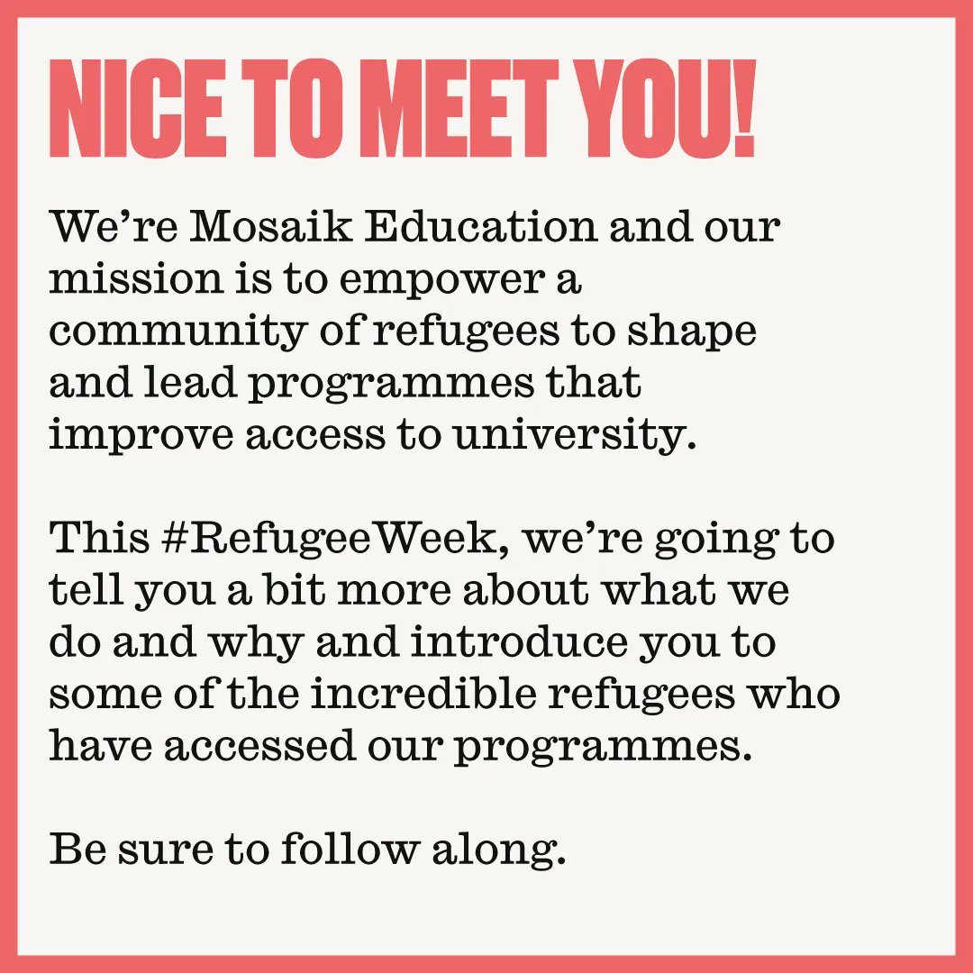 MosaikEducation's tweet photo. It's #RefugeeWeek, a chance to celebrate the creativity and resilience of refugees. This week we're taking you back to the basics of Mosaik - explain who we are, what we do &amp; why we do it.  Follow along to meet some of our incredible students and find out how to get involved ❤️ https://t.co/oCuUya7npL