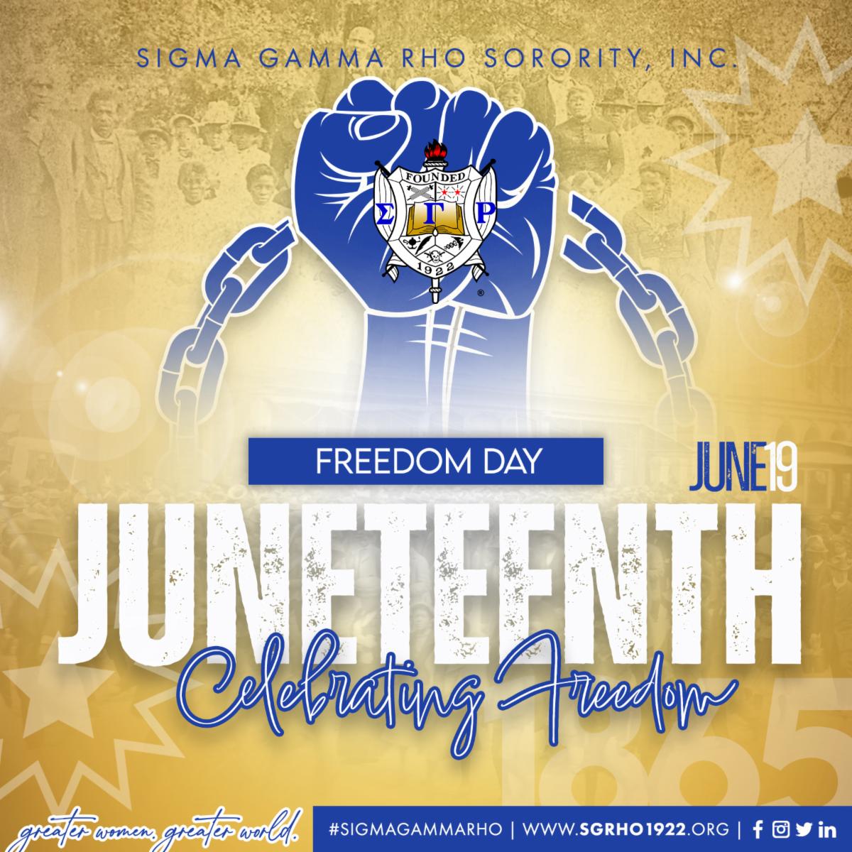 SGRhoSpringTX's tweet photo. Happy Juneteenth from the Women of Sigma Gamma Rho Sorority, Inc.! 

Juneteenth commemorates the emancipation of the enslaved African Americans in Galveston, TX on June 19, 1865. Enjoy this day of celebrating freedom!

#SigmaGammaRho #LambdaOmegaSigma #Juneteenth #Greater https://t.co/ORZWpi0Zje