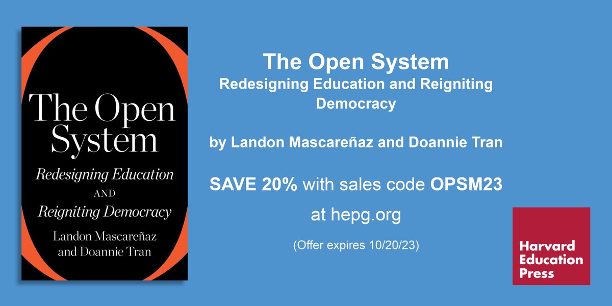 Harvard Education Press (@harvard_ed_pub) on Twitter photo In THE OPEN SYSTEM, <a href="/lmascarenaz/">Landon MascareƱaz šŗšø</a> and <a href="/doannietran/">Doannie Tran</a> argue for a critical revitalization of public education centered in openness, an organization design concept in which an entity receives, considers, and acts on input from the community it serves. bit.ly/3odJ6CI In THE OPEN SYSTEM, <a href="/lmascarenaz/">Landon MascareƱaz šŗšø</a> and <a href="/doannietran/">Doannie Tran</a> argue for a critical revitalization of public education centered in openness, an organization design concept in which an entity receives, considers, and acts on input from the community it serves. bit.ly/3odJ6CI