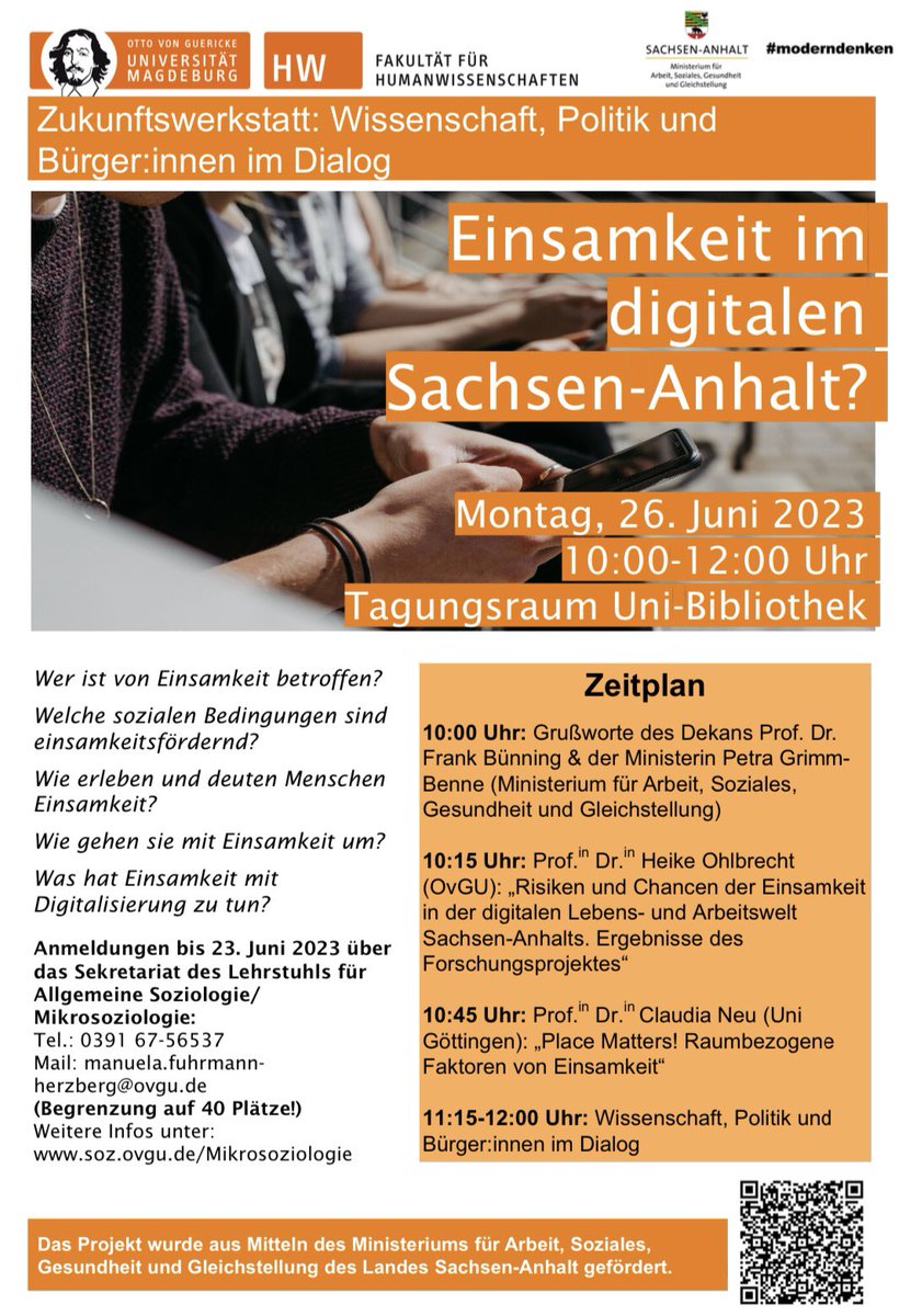 Wer ist von Einsamkeit betroffen und was hat Einsamkeit mit Digitalisierung zu tun? Diese Fragen stellen wir uns am Montag, den 26. Juni, im Rahmen unserer Zukunftswerkstatt zum Thema Einsamkeit. Anmeldung für alle Interessierten ist noch bis diesen Mittwoch via E-Mail möglich!