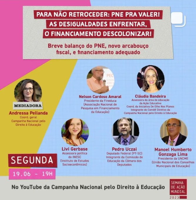 SAMPIAUI2023's tweet photo. @comitepiaui  @camp_educacao A coordenadora geral da CNDE, Andressa Pellanda abre a série de webinares nacionais da SAM2023, nesta segunda-feira (19), a partir das 19h, no YouTube da @camp_educacao. 
#DescolonizaFinanciamento
#PNEpraValer 
#SemRetrocessoComOusadia https://t.co/uyNUFho1fK