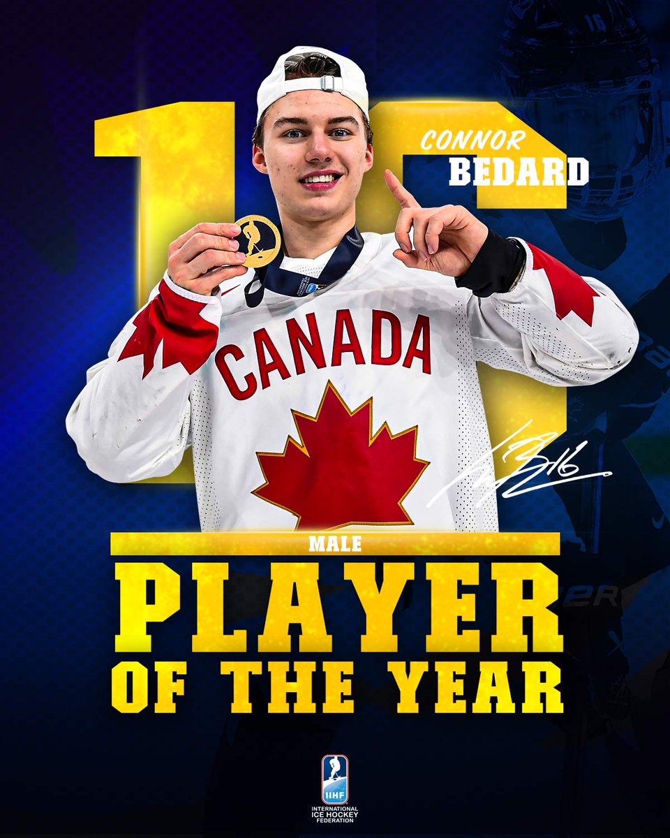 Connor Bedard caps off his incredible junior season with the title of IIHF Male Player of the Year!

From his record-breaking #WorldJuniors run, to earning all of the @CHLHockey's top awards, here's why he earned the top honour: iihf.com/en/news/47473/…

@HockeyCanada