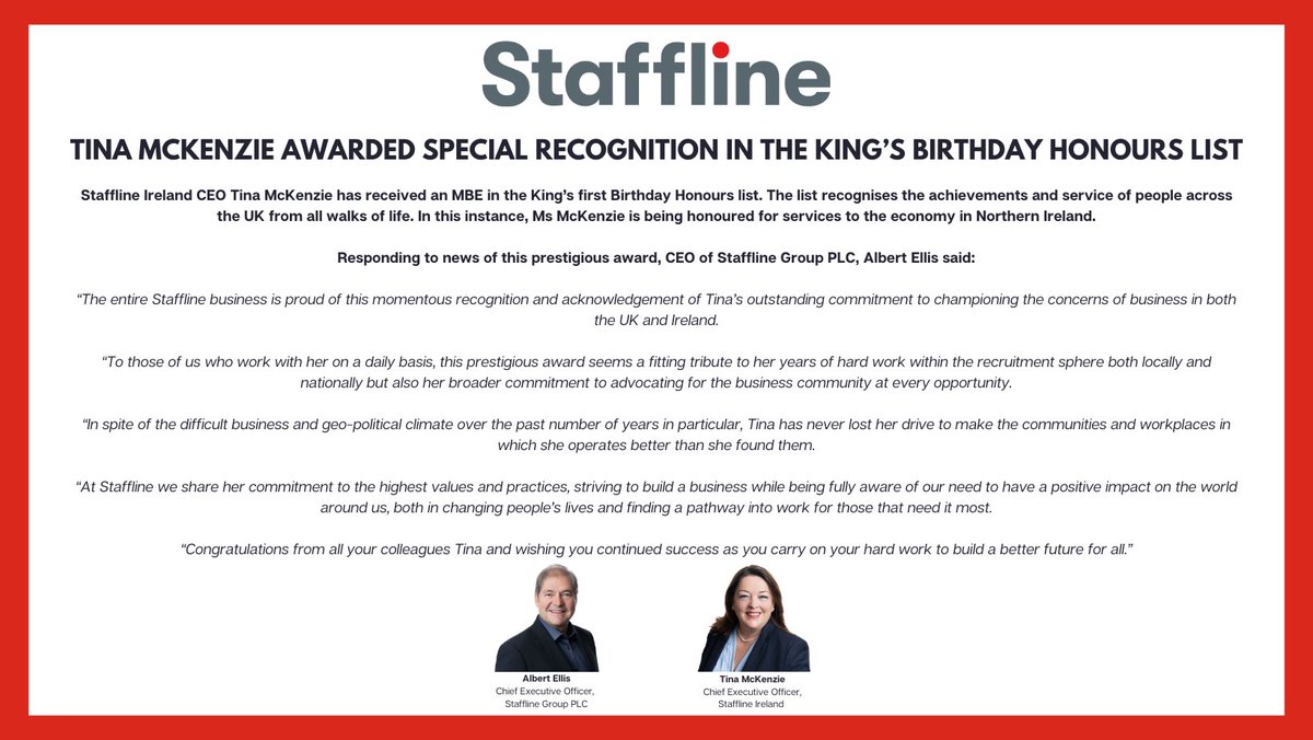 Huge congratulations to @tinamckenz, CEO of @StafflineIre, on being awarded an MBE in the King's Birthday Honours List 2023!