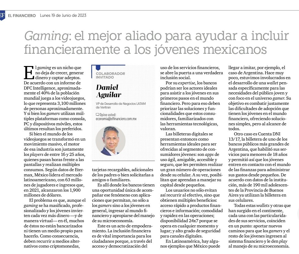 Daniel Aguilar, VP de Desarrollo de Negocios LATAM de Veritran, explica para <a href="/ElFinanciero_Mx/">El Financiero</a> que el #Gaming es el mejor aliado para ayudar a incluir financieramente a los jóvenes mexicanos. 👇