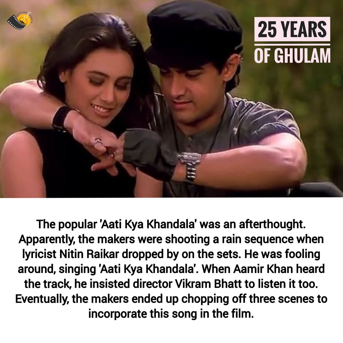 cutting_shots's tweet photo. Right from Aamir Khan's 'tapori' act as Sidhu to his enchanting chemistry with Rani Murkerji, there are plenty of reasons to love Ghulam. On the completion of 25 years of this film, here's a cool trivia.

#25YearsOfGhulam #Ghulam #AamirKhan #RaniMukerji #bollywood #cuttingshots https://t.co/4oeSjjXcbt