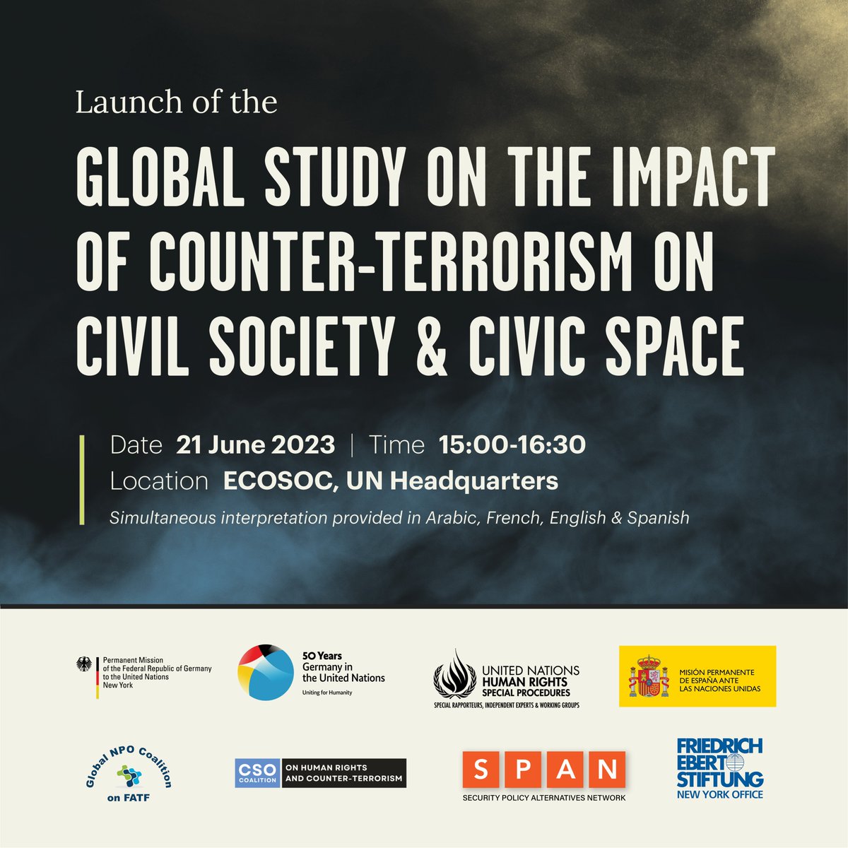 📢Launching 21 June @ defendcivicspace.com The first Global Study on the Impact of #CT Measures on #CivilSociety & #CivicSpace by #UNSRCT! If registered for the UN High Level #CT week, RSVP for the launch event (in-person only): forms.gle/xGDWTG7b73hUyW… 📽️: @UNWebTV