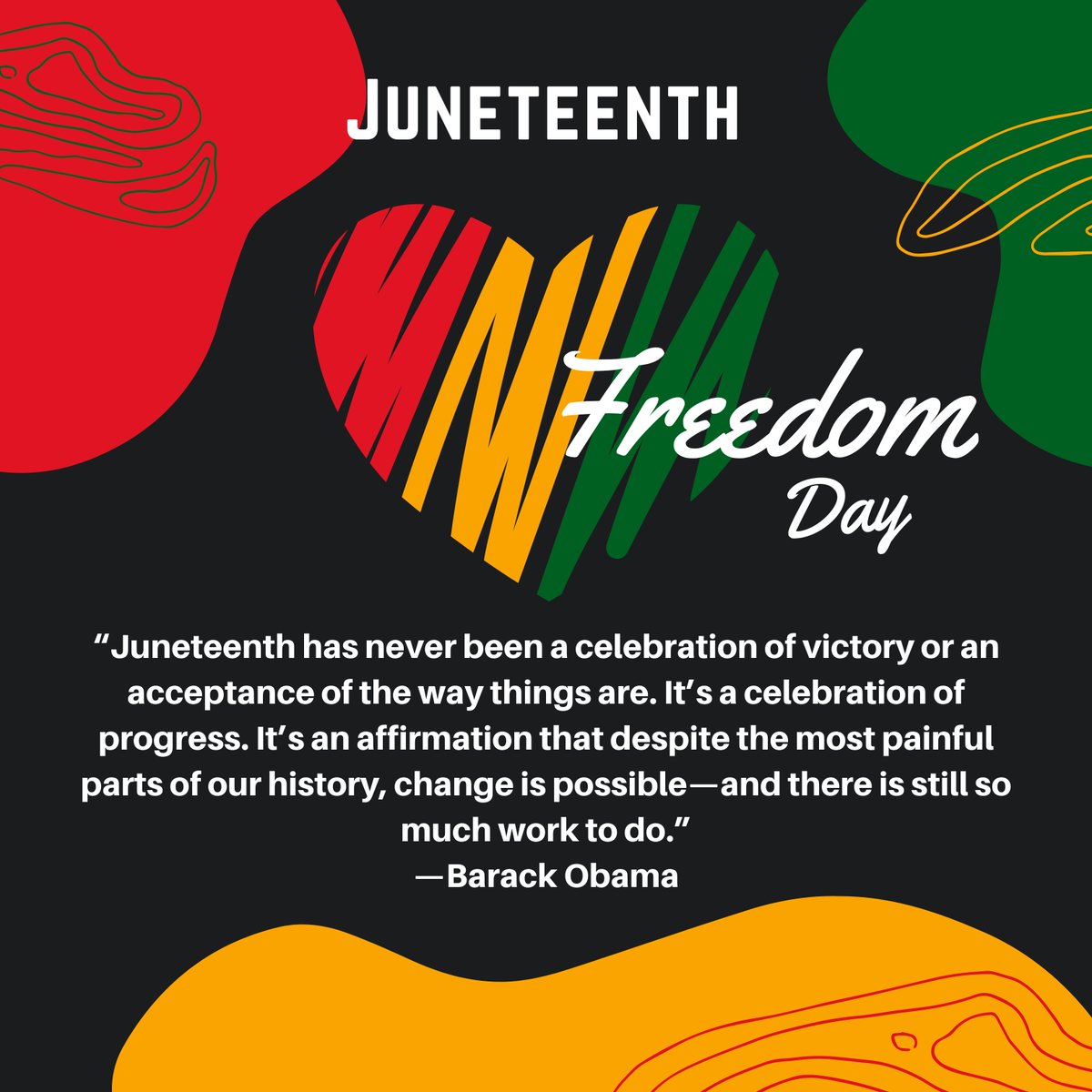 Today, we celebrate the end of slavery in the United States and honor the resilience and strength of Black Americans. Let's continue to fight for justice and equality for all. #Juneteenth