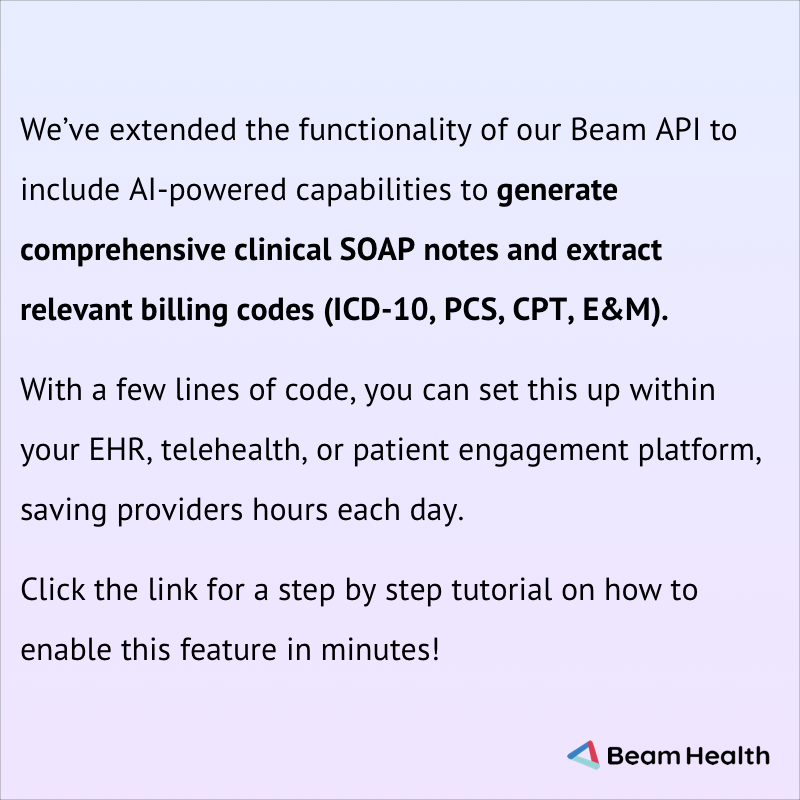 BeamHealth's tweet photo. How to build an AI AutoScribing capability into your platform using Beam API 
https://t.co/1hbQMitAcF https://t.co/fvtX031hLr
