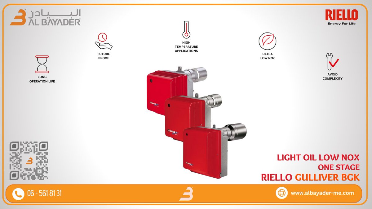 AlbayaderUAE's tweet photo. Riello Gulliver BGK Burners: Efficient, Environmentally Friendly, Exceptional Performance. Low NOx range for home heating. Versatile models, uncompromised quality. User-friendly features, compliant and certified. Eco-conscious, factory-fired assurance.
#albayader #burner #boiler https://t.co/e5JRJXGpWk