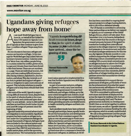 UNinUganda's tweet photo. Ahead of #WorldRefugeeDay tomorrow, Tuesday 20 June 2023, @SusanNamondo UN Resident Coordinator🇺🇬shares in Daily Monitor (pg. 15) how the UN family and @GovUganda are working together to support more than 1.5 million refugees in Uganda. 
🔗 https://t.co/OZS4dxY0sS https://t.co/43xSVmUSVO