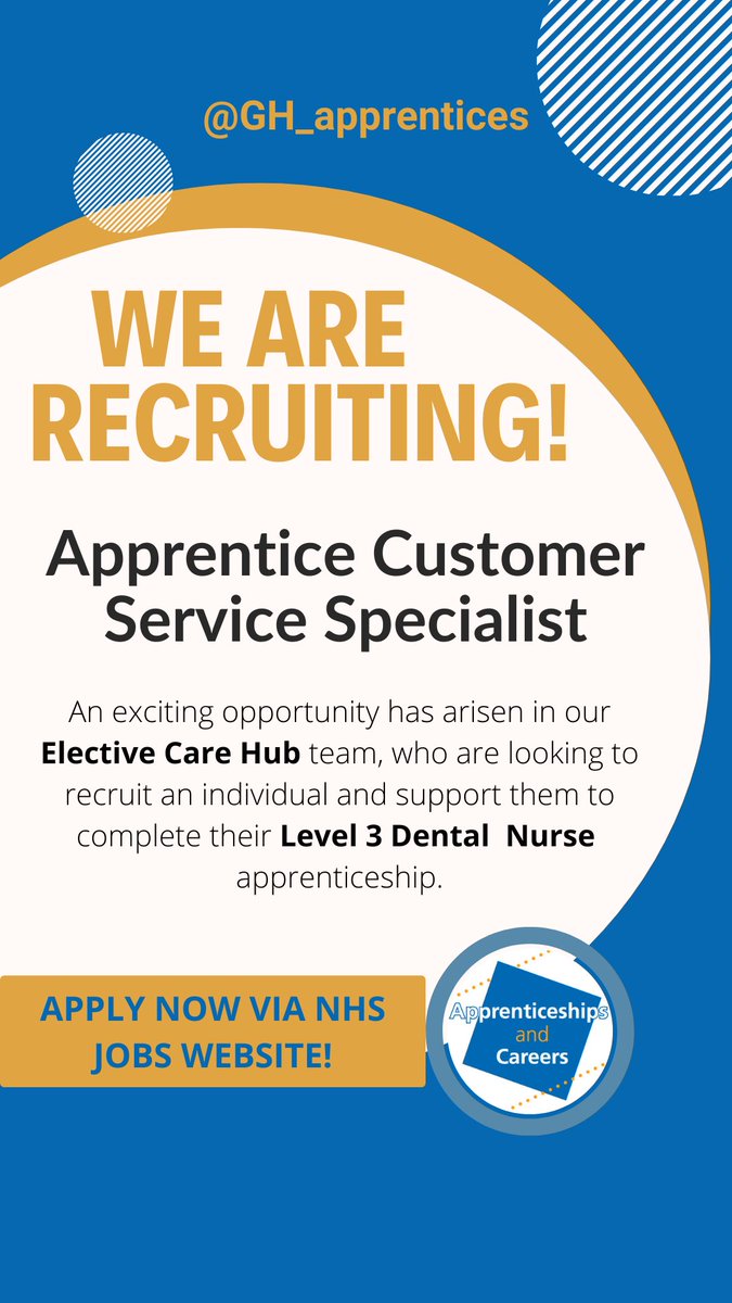 Don't miss out!

Our Customer Service Specialist #apprenticeship vacancy with the Elective Care Hub is still #live on @NHS_Jobs. See here: beta.jobs.nhs.uk/candidate/joba…
 
#opportunity #CareersDay #CareersFamily #SkillsForLife #stepintothenhs