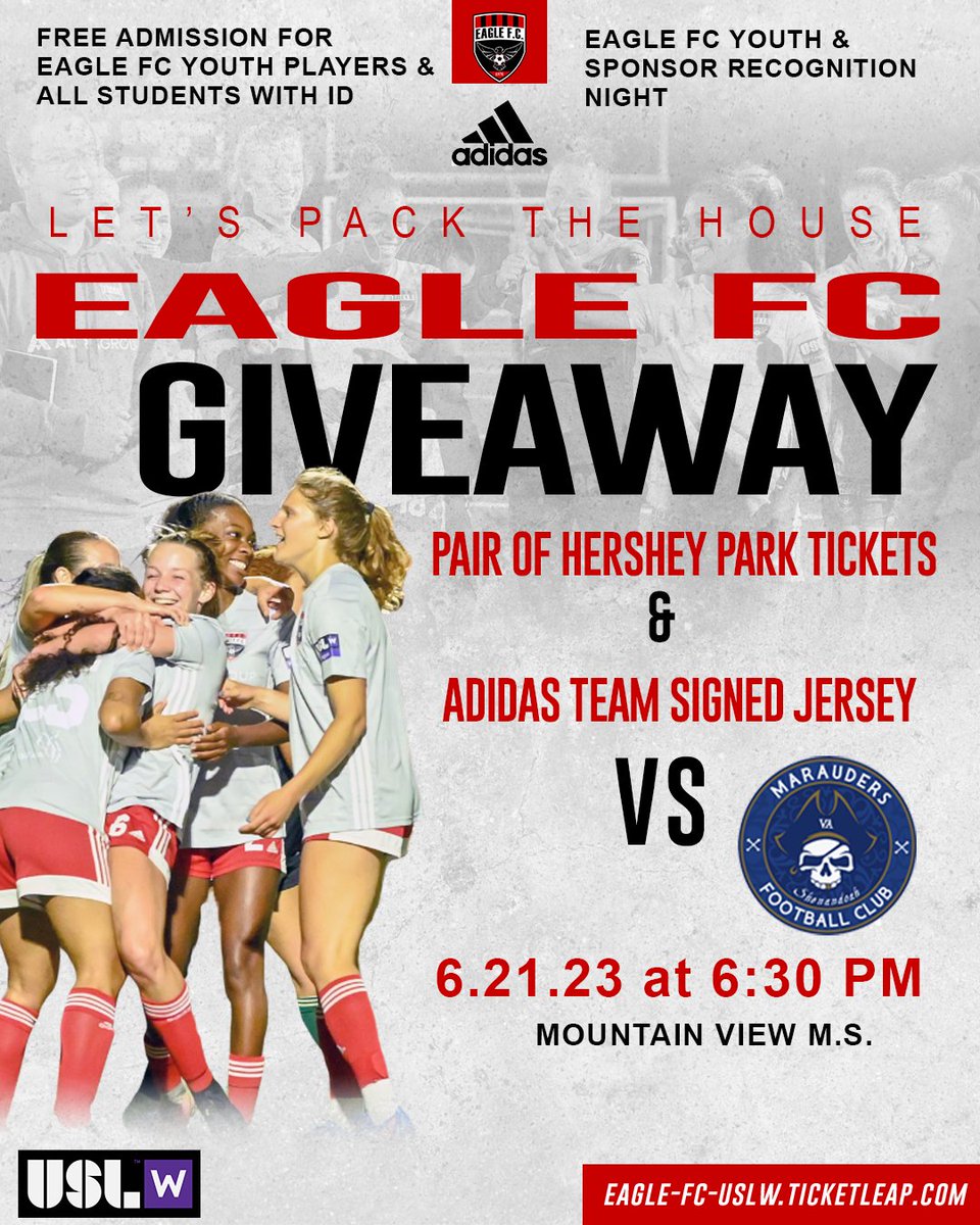 🔥#eaglefcwomen will be giving away a pair of FREE Hershey Park Tickets AND an Adidas Team Signed Jersey! This will be a FREE Drawing when you attend our  match this Wednesday!

Let's #packthehouse! We need you to be our 12th player!