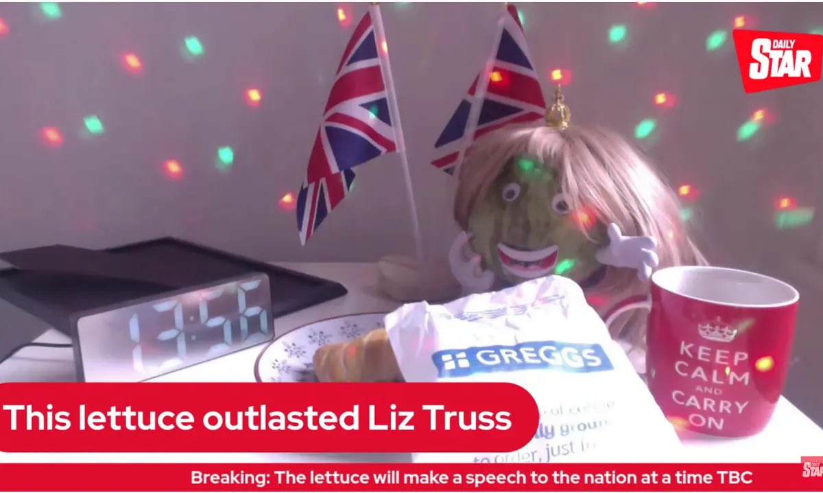 PolitlcsUK's tweet photo. 🚨 | NEW: Liz Truss has said being outlasted by a lettuce as PM was not funny and was very immature of the Daily Star 

The Daily Star called her a “fun sponge Liz” in response https://t.co/ytrkvlxa88