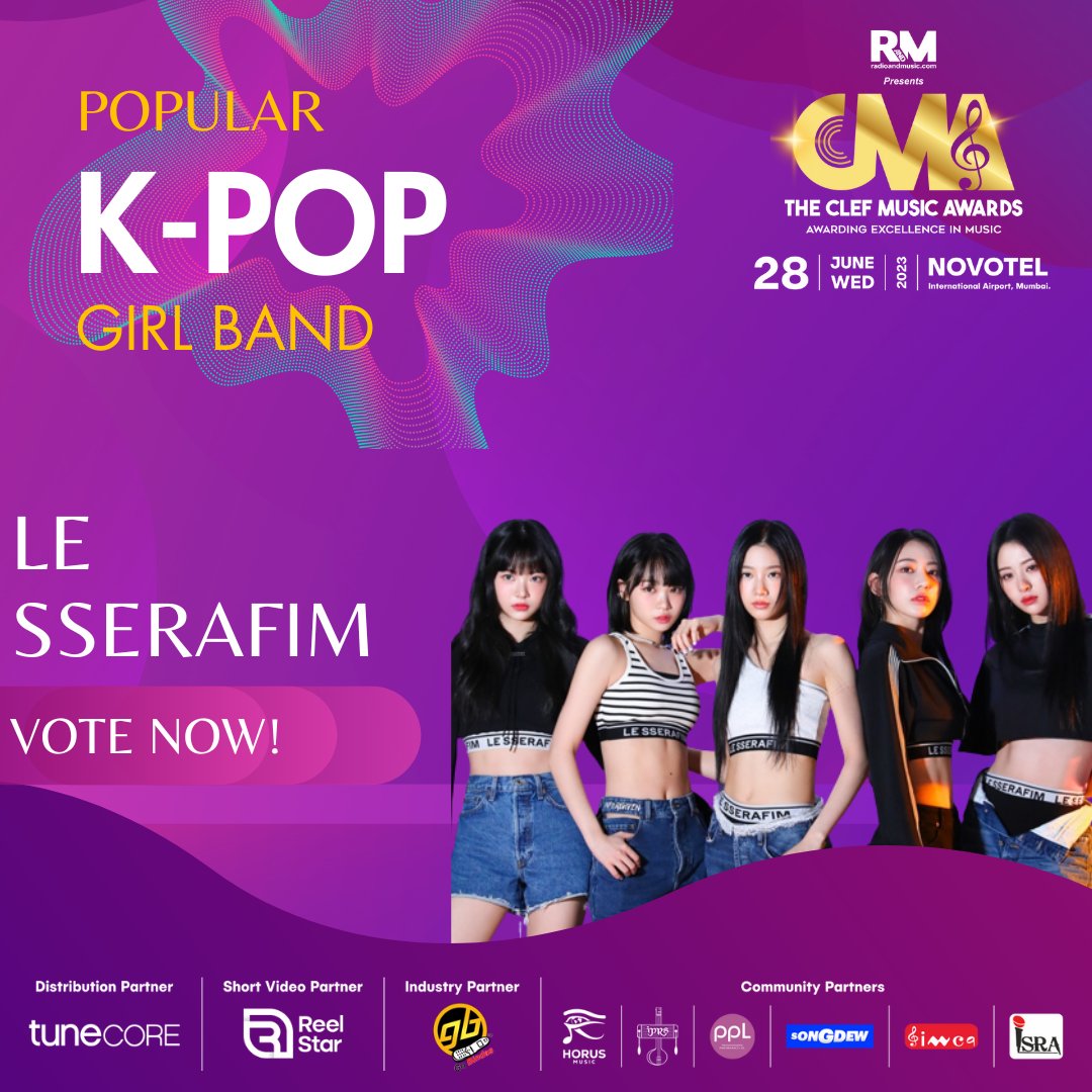 Vote now for @le_sserafim  Popular K-Pop Girl Band for The Clef Music Awards 2023! @ITVNewz 

Voting Link : radioandmusic.com/clefmusicaward…

For More Info : radioandmusic.com/clefmusicaward…

#CMA2023 #ClefMusicAwards2023