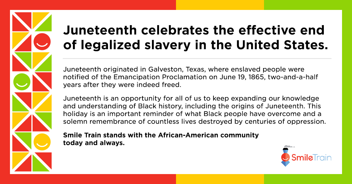 SschaeferST's tweet photo. Today Smile Train is observing #Juneteenth, a day that marks the effective end of legalized slavery in the US. @SmileTrain stands with Black communities and we will continue our work to foster a culture that celebrates our diverse backgrounds. #Juneteenth2023 https://t.co/2WTCeN3LoD