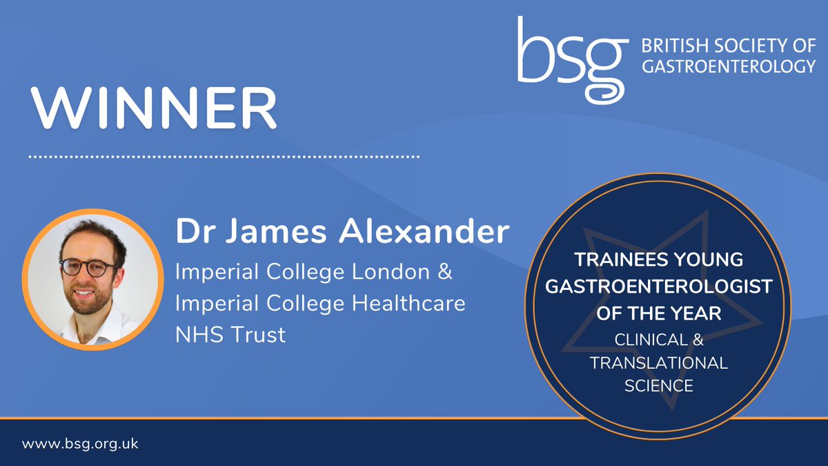 BritSocGastro's tweet photo. Congratulations to Dr James Alexander on being awarded the @BSGTrainees Young Gastroenterologist of the Year Award 👏 https://t.co/L0BQSTEFWo