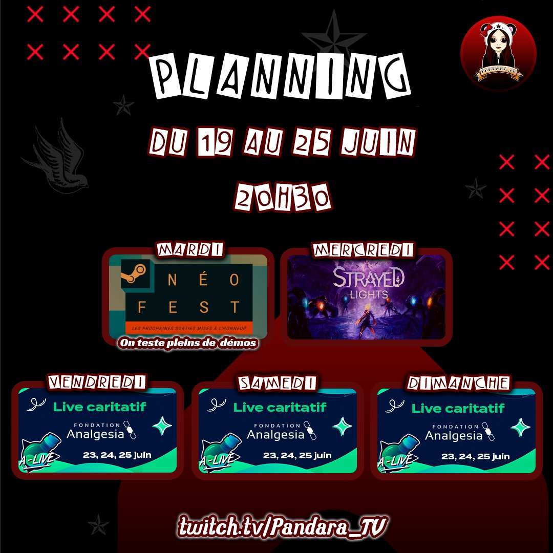 Pandara_Dark's tweet photo. Semaine particulière en approche:
🎮Mardi: Pleins de démos #SteamNextFest
🔥 Mercredi: @StrayedLights
🫂 Vendredi/Samedi/Dimanche: @A_Live_Event pour @Inst_Analgesia - programme et horaires à venir
➡️https://t.co/BoqMK78DeZ
#indiegames #AliveWithUs #Alive3 #Alive2023 https://t.co/Yb9d8yn5Gm