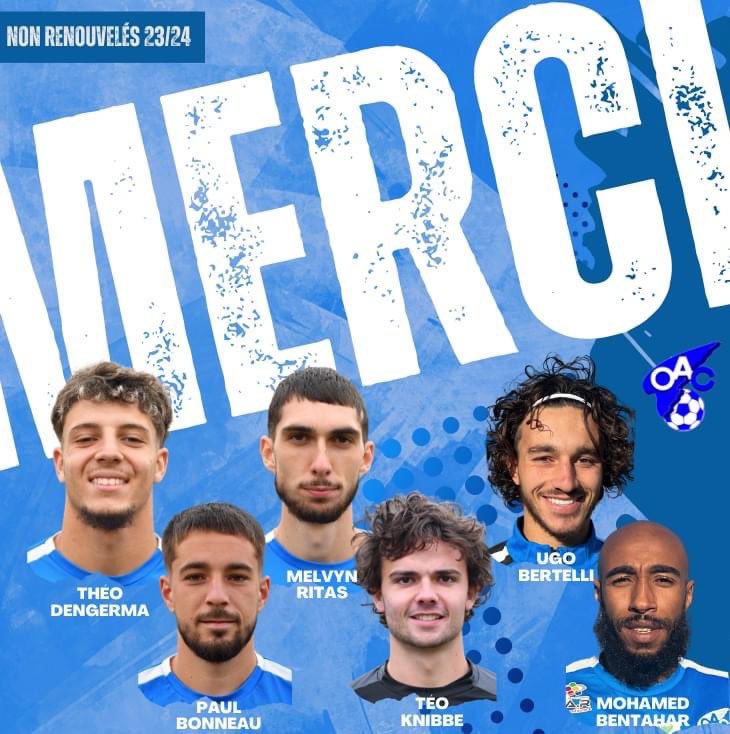OACOfficiel's tweet photo. 🔜 𝙈𝙚𝙧𝙘𝙖𝙩𝙤 I En fin de prêt, non renouvelés ou choix personnel, ils ne poursuivront pas leur participation au sein du projet #CAP2024.
𝗠𝗘𝗥𝗖𝗜 pour votre engagement Théo #DENGERMA, Melvyn #RITAS, Ugo #BERTELLI, Paul #BONNEAU, Téo #KNIBBE & Mohamed #BENTAHAR ! https://t.co/t3jNi90mxb