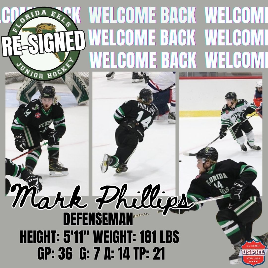 FloridaEels's tweet photo. π¨π¨Phillips Re-Signs π¨π¨ Eels are thrilled to announce the re-signing of 03β defenseman Mark Phillips. Phillips a powerhouse defenseman joins the Eels for his THIRD season. Mark secured 7 goals and 21 total points last season. Welcome back Mark!πππ₯
#fleels @USPHL https://t.co/mY3d5aR9RY