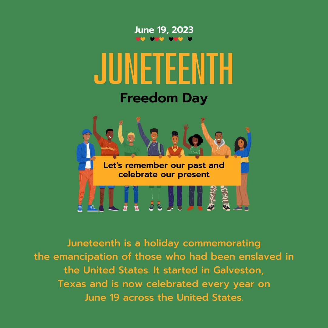 Did you know that Juneteenth is a holiday commemorating the emancipation of those who had been enslaved in the United States. It started in Galveston, Texas and is now celebrated every year on June 19 across the United States. Today we celebrate #Juneteenth! #JustBeFree