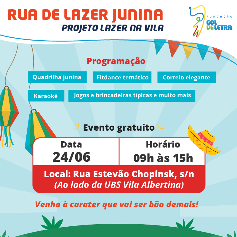 Você está pronto para o Arraiá da Gol de Letra SP? 🌽

É nesse sábado! Leve a família, leve as crianças e venha se divertir com a gente. Vai ter muita brincadeira, dança, alegria e diversão!

#FelizDeQuemParticipa