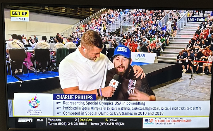 SOMissouri's tweet photo. Charlie Phillips had the opportunity to interview with @TimTebow on @GetUpESPN this morning! SO cool! #Cheer4USA https://t.co/a9GyehHj73