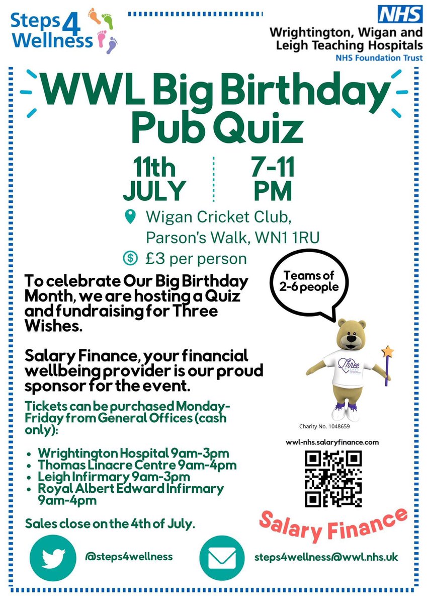 Steps4Wellness's tweet photo. Come and join us at our Big Birthday Pub Quiz - it’s a great opportunity to get together with your @WWLNHS friends 💙 #NHSBirthday 
Hope to see you there! https://t.co/IX7DtgqLLq
