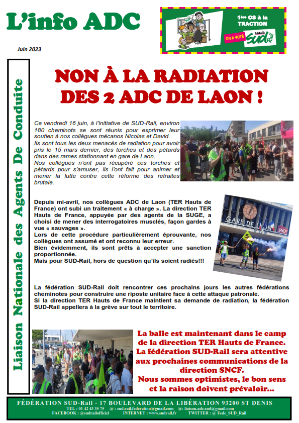 Fede_SUD_Rail's tweet photo. ⛔️Nous ne laisserons pas la direction SNCF virer deux de nos collègues ! #discriminationsyndicale 
✊Nous proposerons à toutes les organisations syndicales de riposter par une grève sur tout le territoire si la direction SNCF persiste ! https://t.co/5BmL19gs9g