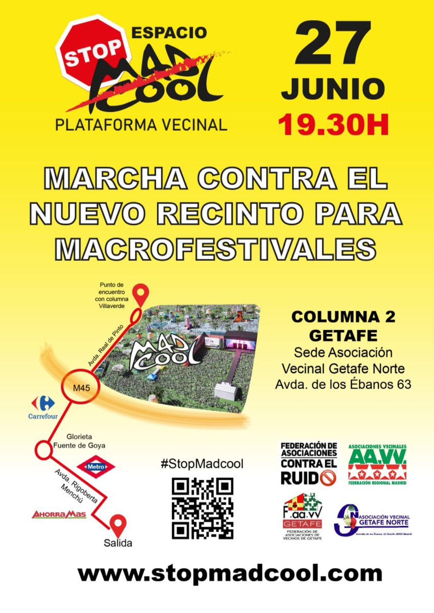 vecinosgetafe's tweet photo. Nos sumamos a la @StopMadcool_23 y a nuestra asociación vecinal @NorteAv en la convocatoria a todos los/as vecinos/a de #Getafe contra el @MADRID por permitir que @madcoolfestival se instale junto a las viviendas en nuestros barrios. https://t.co/nifUiKSmsx