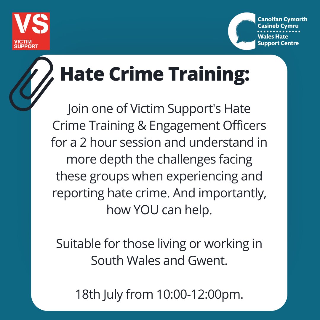 On the 18th Of July, we're running virtual Hate Crime training between 10:00-12:00pm. This FREE short awareness session will introduce you to Hate Crime across all of the protected groups.

To get involved, follow this link:

eventbrite.co.uk/e/637266259537

#HateHurtsWales #SayNo2Hate
