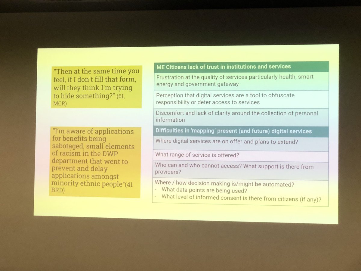 Julianlstar's tweet image. Fascinating insights being shared at #datajustice Conference today. 
This presentation from Quyoum and Wong from Glasgow is really interesting regarding lived experience and digital systems. Specially relevant for GM