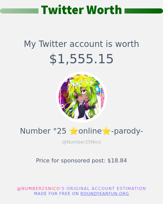 My Twitter worth is: $1,555.15

➡️ anyplacehere.me/twitterworth
