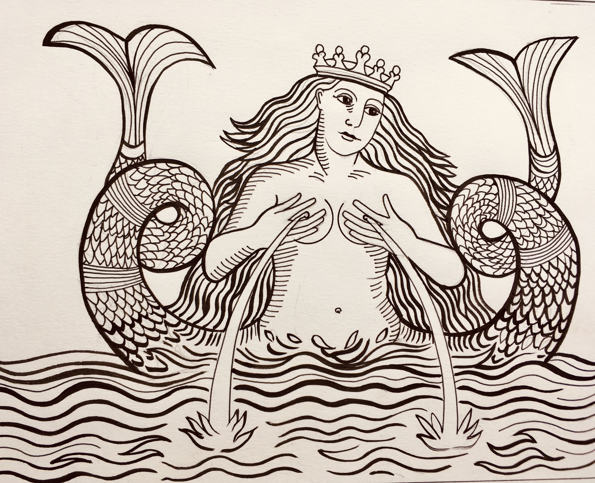 Nicholas Kinney on X: "A two tailed mermaid was a symbol used by medieval  alchemists searching for magic elixirs. Today Starbucks use a version to  sell coffee. My sketch of the classic