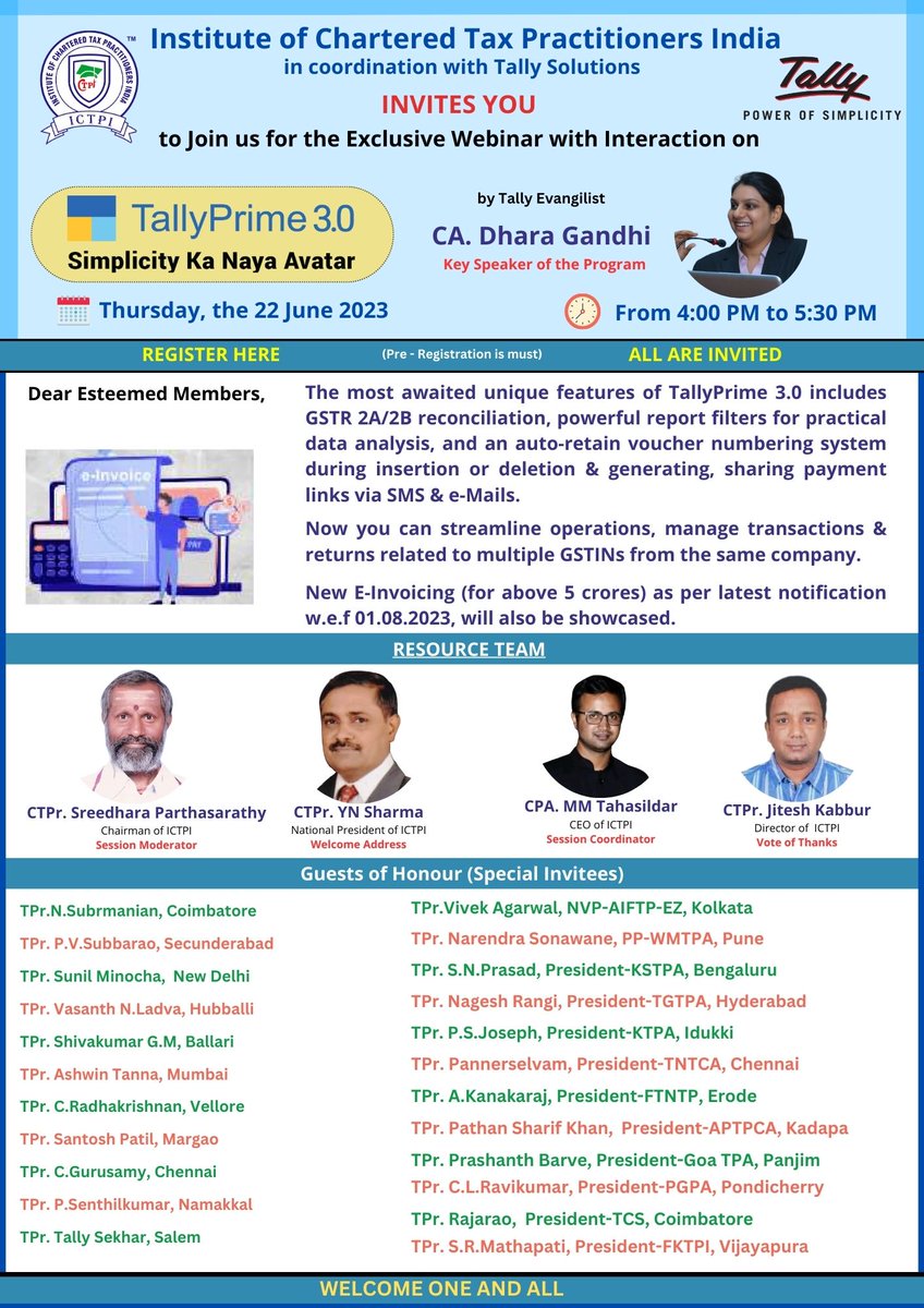 zoom.us/webinar/regist…
WELCOME ALL TAX PRACTITIONERS TO EXPLORE THE MOST AWAITED UNIQUE FEATURES OF TALLYPRIME 3.0 ON THURSDAY, THE 22ND OF JUNE 2023  AT 4.00 PM IST.