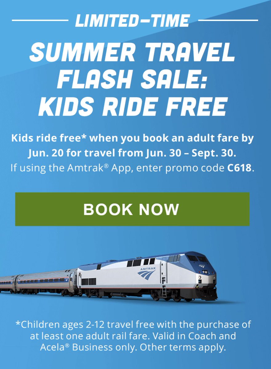 Planning a short trip within the US this summer? If you #travel by train, consider booking by June 20! @Amtrak is running a flash sale: Kids ride free when you book an adult fare. See details below! 🚆🇺🇸☀️