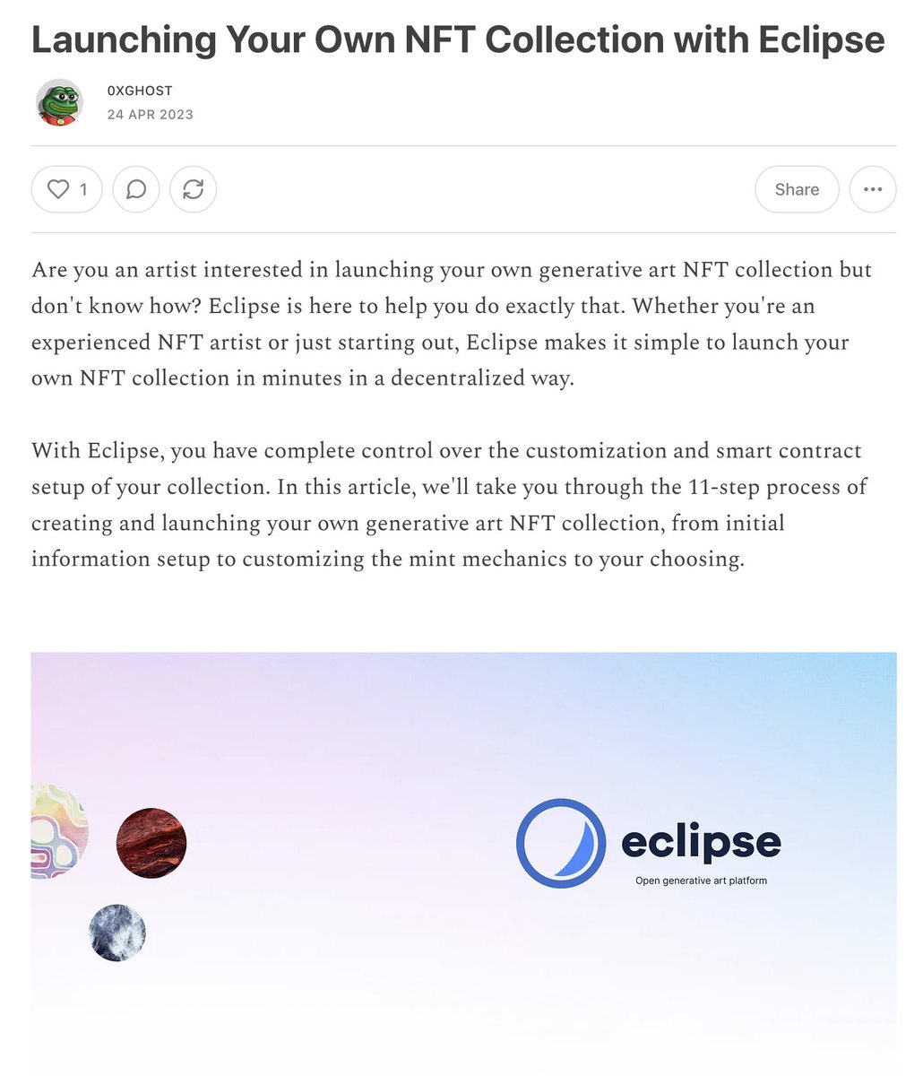 Whether you're an experienced #NFT artist or just starting out, Eclipse makes it simple to launch your own #generativeart NFT collection in minutes, in a decentralized way.

We've prepared an 11-step guide to help everyone launch their own collections:
eclipseart.substack.com/p/launching-yo…