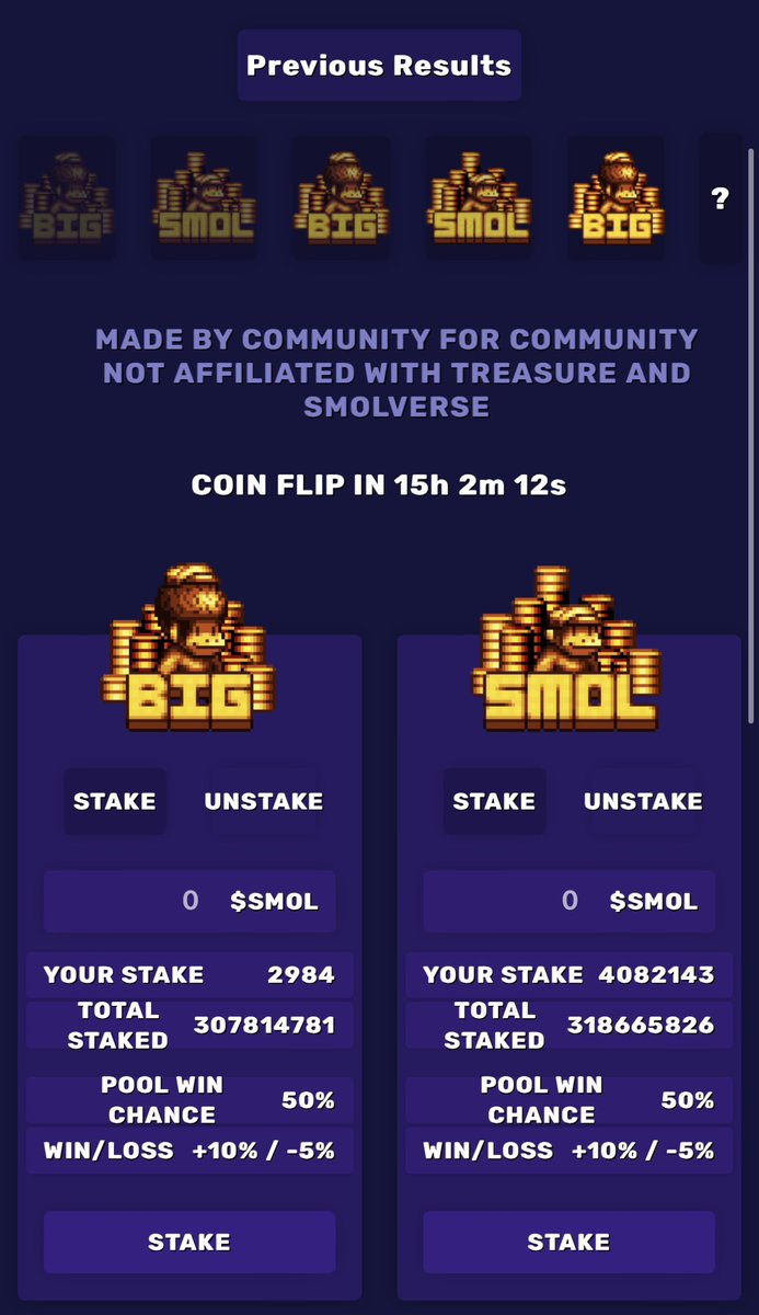 Flip #54
Big 55% chance to win
Smol 45% chance to win

💰Big wins! We big big

Congratulations to the winners!
Next Flip #55 chance now:
Big 50%
Smol 50%