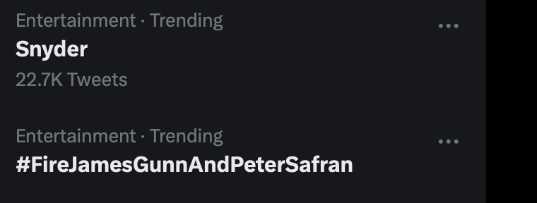Seeing 'Snyder' and #FireJamesGunnAndPeterSafran trending is kinda beautiful. WB is now a shitty studio who lost Gal Gadot, Henry Cavill, Ben Affleck, Zack Snyder, Christopher Nolan... Unbelievable.