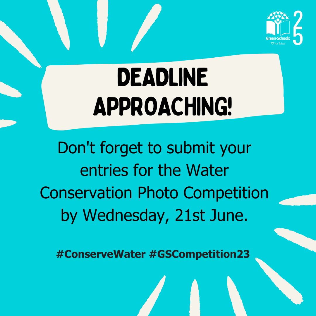 Submit your entries for the Water Conservation Photo Competition by Wednesday, 21st June to be in with a chance to win some great prizes!

All information here: greenschoolsireland.org/water-conserva…. 

#GreenSchools #ConserveWater #GSCompetition23