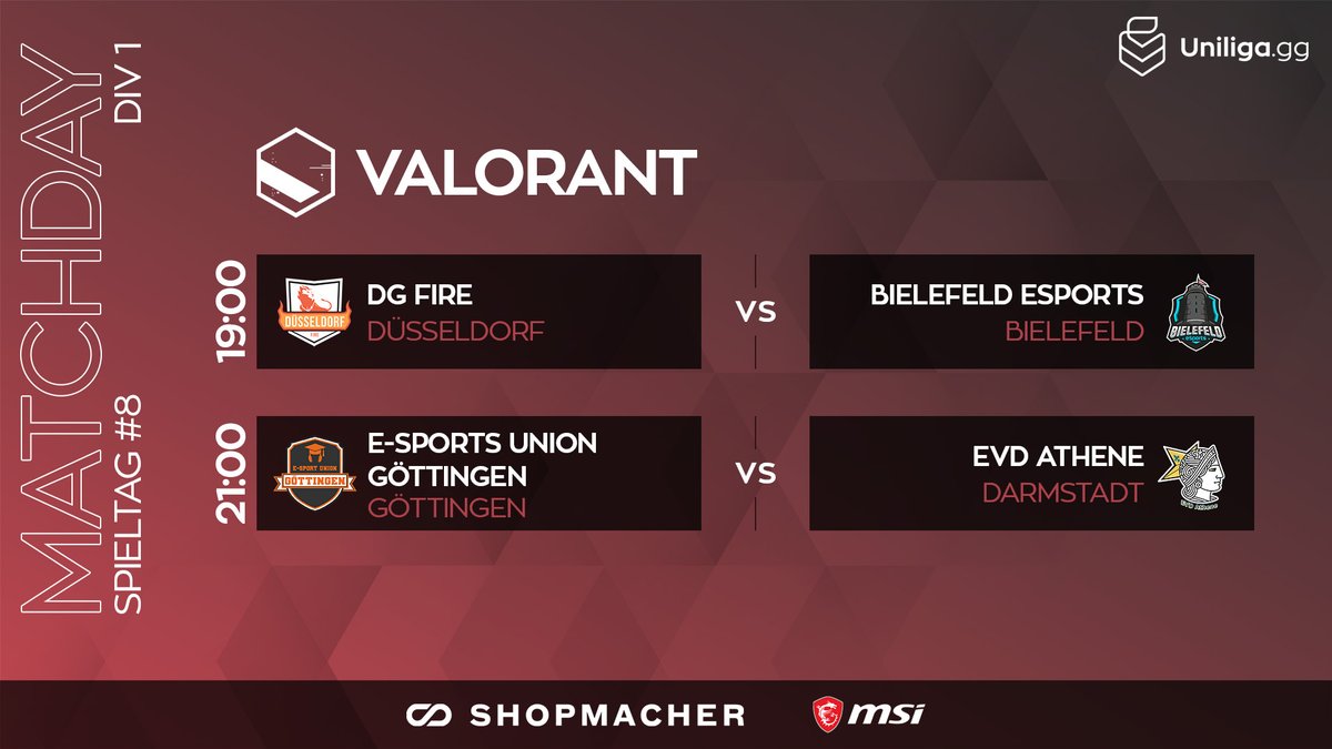 Uniliga (@uniligagg) on Twitter photo #valorant 🔥
Düsseldorf hat auch nach sechs Begegnungen noch nicht verloren, kann Bielefeld das heute ändern? Und schafft EVD eine Überraschung gegen ESUG?
⏰ 19 Uhr
📺 /uniliga_aim
➡️ <a href="/ddorf_gaming/">Düsseldorf Gaming</a> Fire ⚔️ @bielefeldesport
➡️ <a href="/esugesports/">Esport Union Göttingen</a> ⚔️ <a href="/1_EVD/">1. eSport Verein Darmstadt</a> Athene #valorant 🔥
Düsseldorf hat auch nach sechs Begegnungen noch nicht verloren, kann Bielefeld das heute ändern? Und schafft EVD eine Überraschung gegen ESUG?
⏰ 19 Uhr
📺 /uniliga_aim
➡️ <a href="/ddorf_gaming/">Düsseldorf Gaming</a> Fire ⚔️ @bielefeldesport
➡️ <a href="/esugesports/">Esport Union Göttingen</a> ⚔️ <a href="/1_EVD/">1. eSport Verein Darmstadt</a> Athene