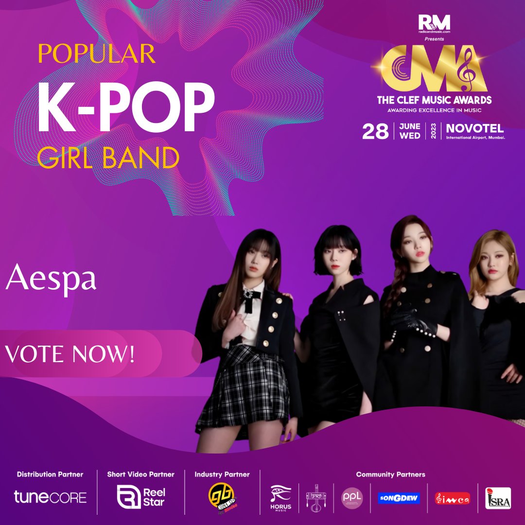 Vote now for @aespa_official  Popular K-Pop Girl Band for The Clef Music Awards 2023!  @ITVNewz 

Voting Link : radioandmusic.com/clefmusicaward…

For More Info : radioandmusic.com/clefmusicaward…

#CMA2023 #ClefMusicAwards2023