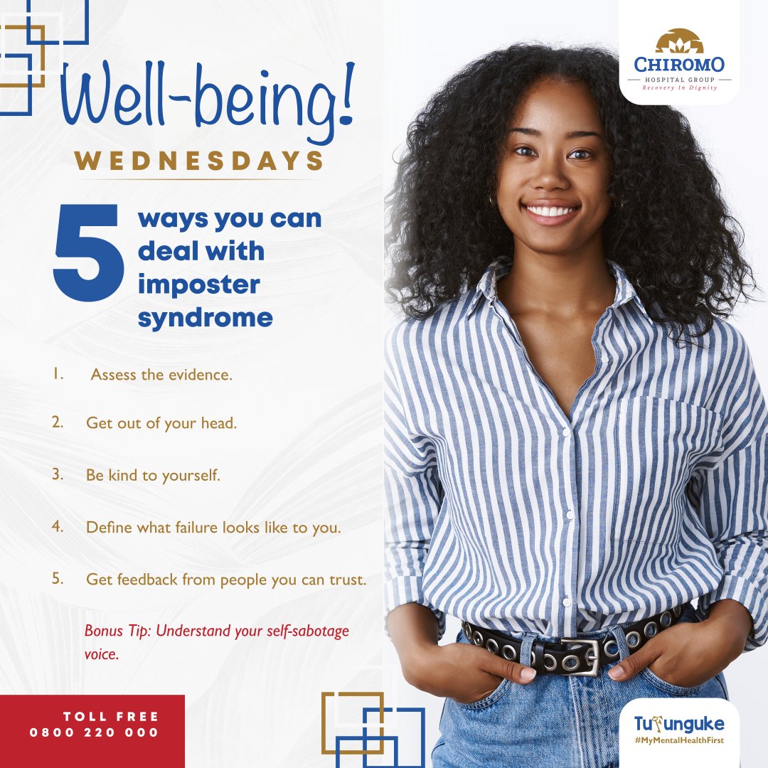 5 WAYS YOU CAN DEAL WITH IMPOSTER SYNDROME.

1. Assess the evidence.

2. Get out of your head.

3. Be kind to yourself.

4. Define what failure looks like to you.

5. Get feedback from people you can trust.

BONUS TIP: Understand your self-sabotage voice.

#Tufunguke