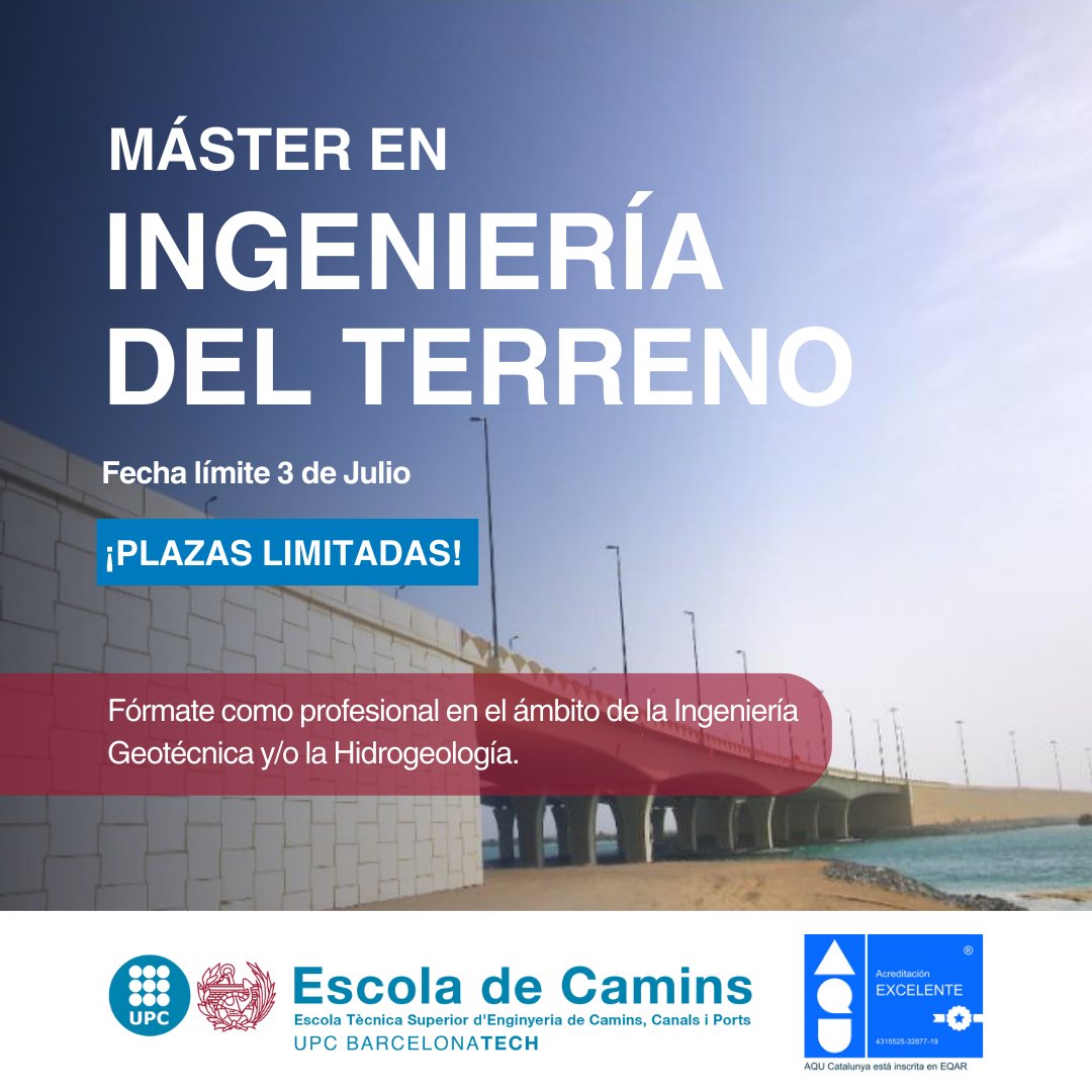 MÁSTER EN INGENIERÍA DEL TERRENO
Máster Oficial y Titulación homologada a nivel europeo

Fórmate como profesional en el ámbito de la Ingeniería Geotécnica y/o la Hidrogeología.

Inscripción: lnkd.in/g4-ztgjP