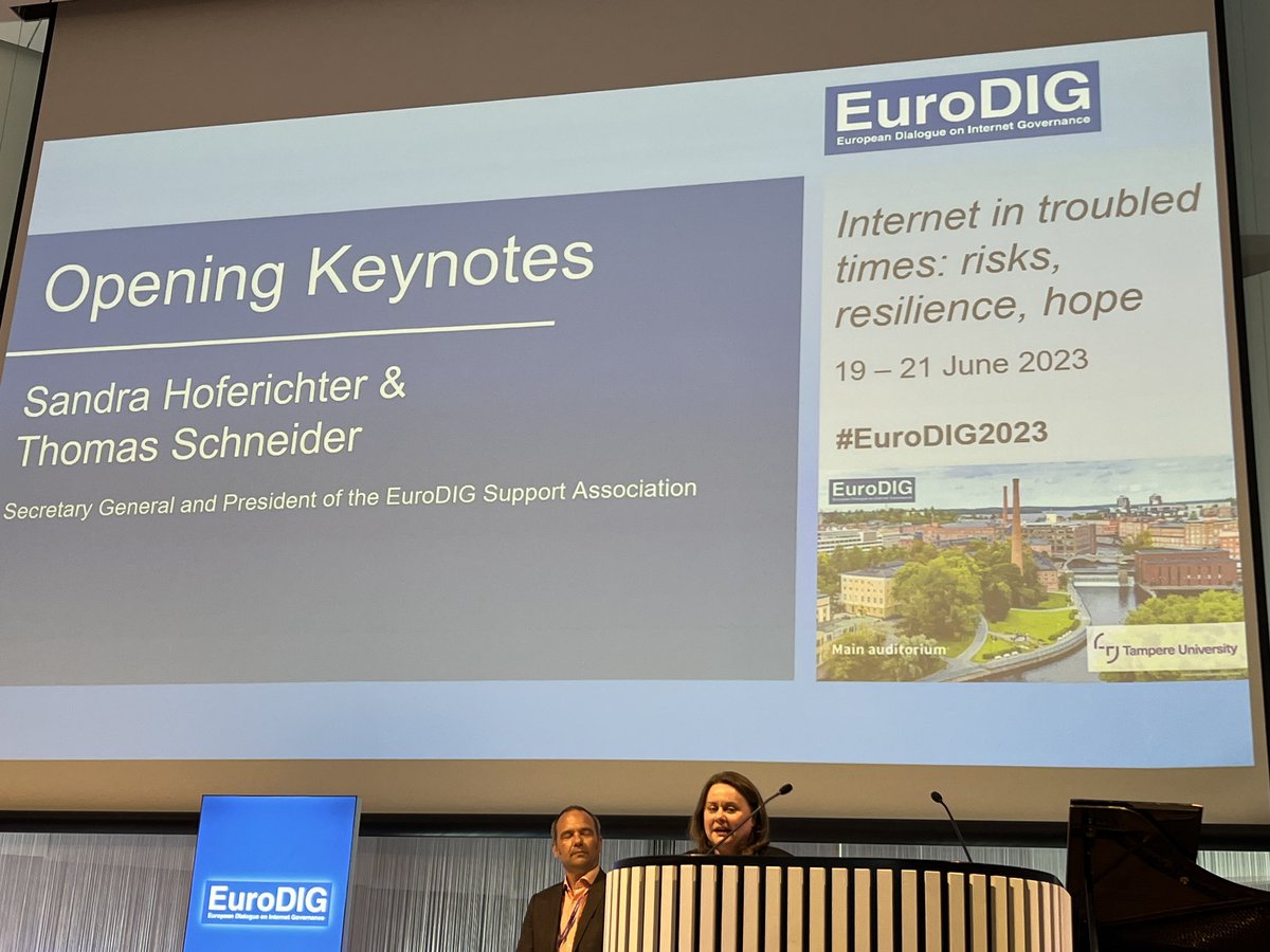 More than 700 people registered to  #EuroDIG, half to be on-site. Welcome to Tampere! <a href="/Shoferichter/">Sandra Hoferichter</a> &amp; @ThSchneiderCH opening keynotes