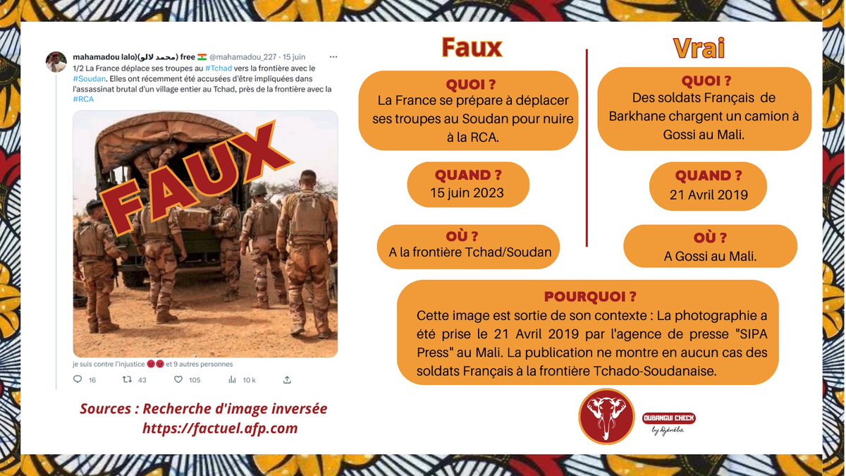 #oubanguicheck 
Une fausse information circule avec une image de soldats français qui embarquent dans un camion au  #Tchad pour le #Soudan. Pourquoi c'est faux ? ⬇️⬇️